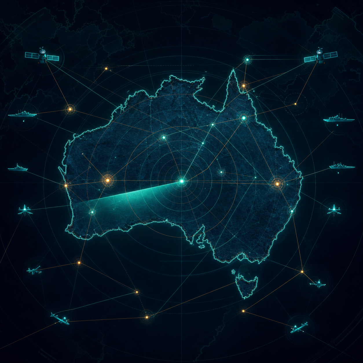 Tactical radar and network topology over a map of Australia