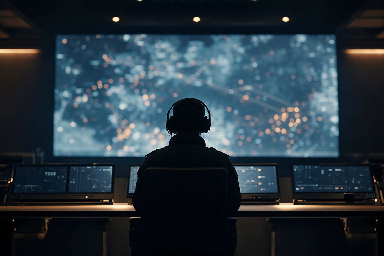 Defence operations centre with analysts at consoles