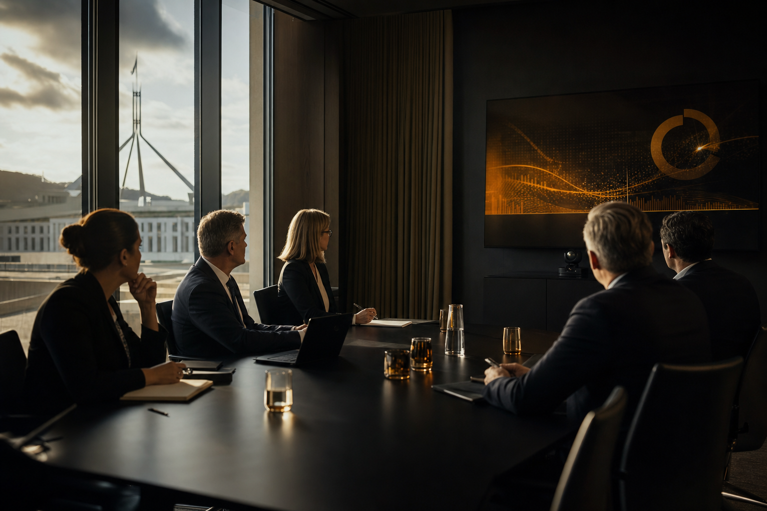 Executive briefing in a Canberra boardroom with a data visualisation on screen